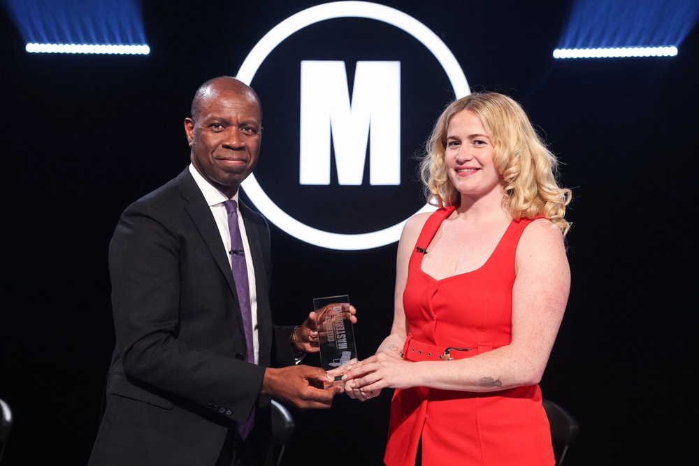 Clive Myrie presents comedian Grace Campbell with her winning trophy in the most recent series of 'Celebrity Mastermind' (BBC/Hat Trick Productions Ltd/William Cherry/Presseye)