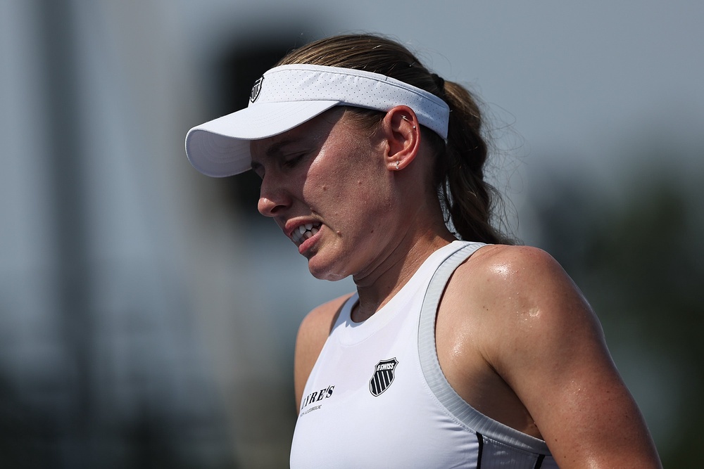 Alexandrova visibly struggled in the closing stages of her first-round match (Getty)