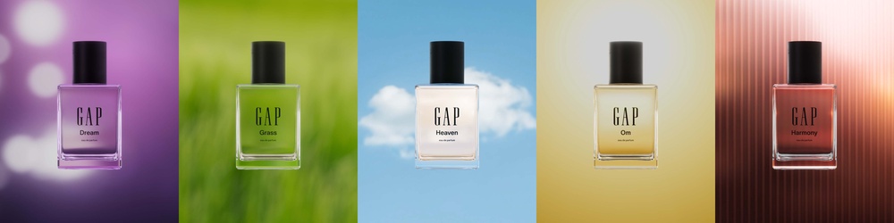 Launching Thursday, Gap is revamping its beloved 1990s scents Dream, Grass, Heaven and Om, alongside a new fragrance, Harmony (Gap Beauty)