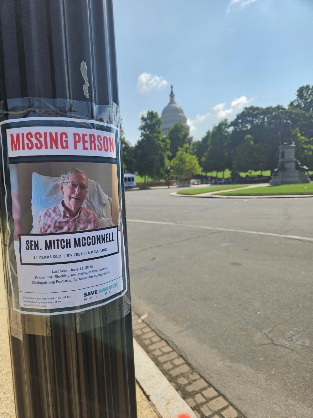Pranksters in late July plastered 'missing person' posters around Washington for Sen. Mitch McConnell (Save America Movement)