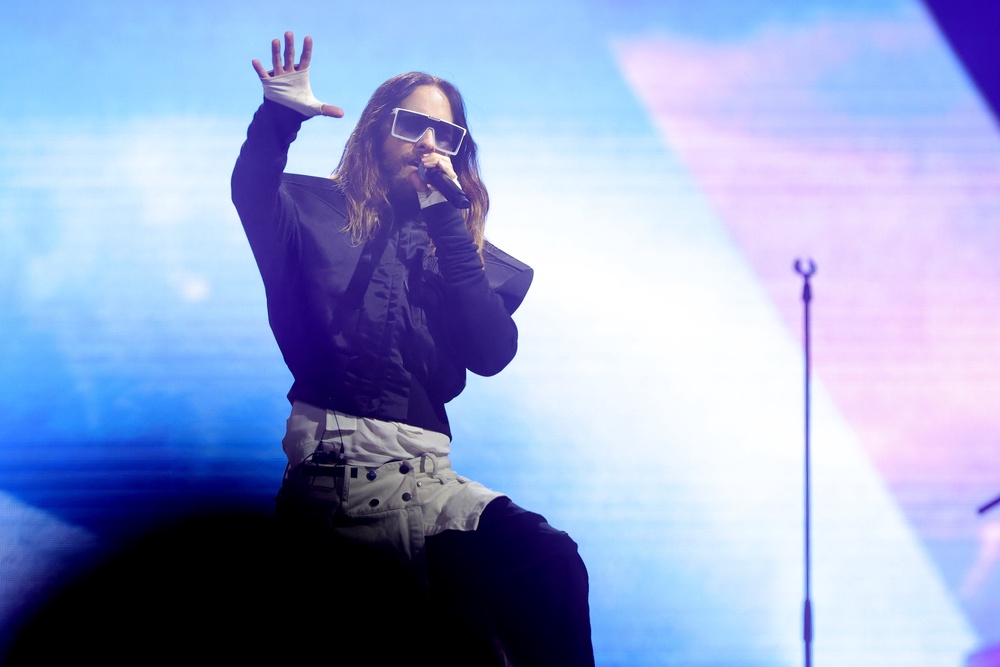 Leto onstage with his band 30 Seconds to Mars in Saudi Arabia in 2024 (Getty)