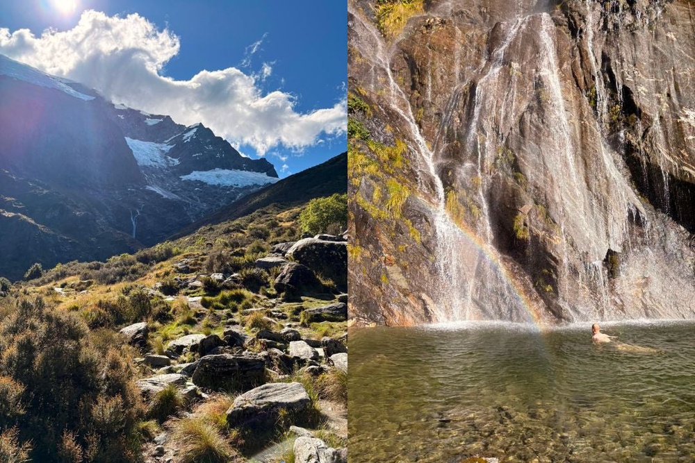 The view at the end of the Rob Roy Glacier Trail (left) and swimming at Wishbone Falls (Harry Bullmore/The Independent)