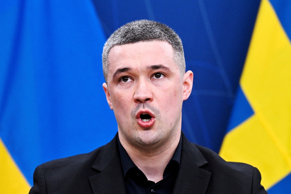 File: Ukraine's former defence minister Mykhailo Fedorov and Sweden's Defence Minister Pal Jonson (not pictured) hold a press conference in Stockholm (Reuters)