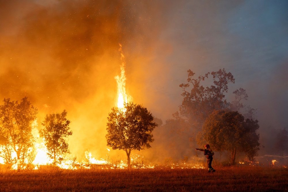 A firefighter works to extinguish an advancing wildfire near Formariz in Zamora province, Spain (Reuters)