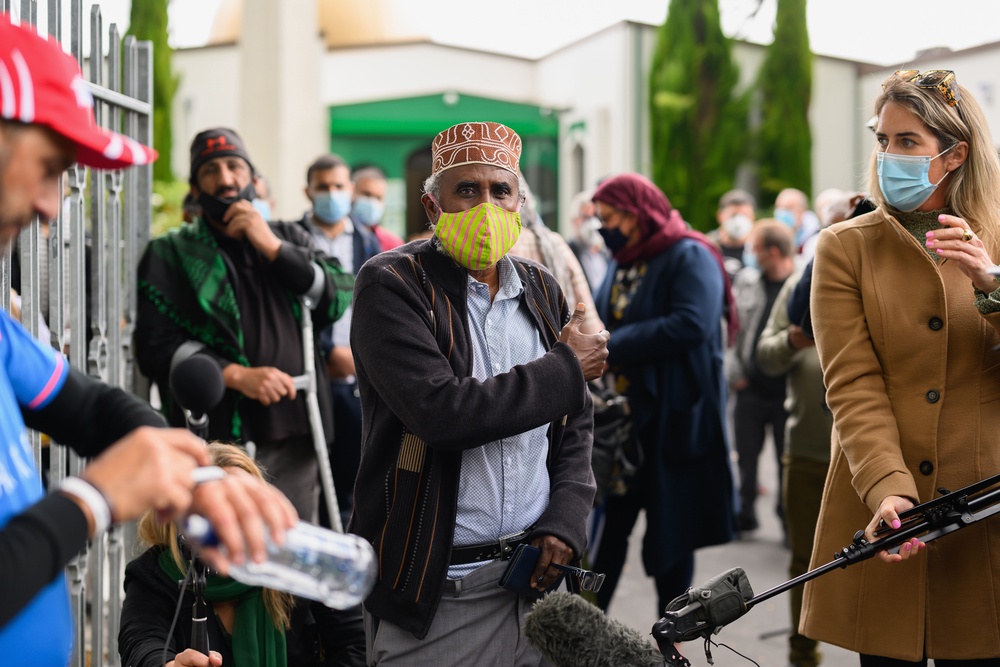 File: Muslim Association Canterbury President Mohamed Jama looks on as Temel Ataçocuğu arrives at Masjid An-Nur on 15 March 2022 in Christchurch, New Zealand (Getty)