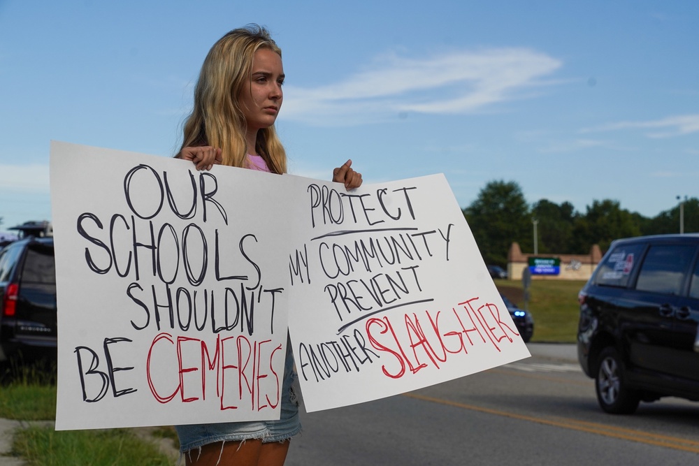 Gretchen Gierlach, a member of the community, came to Apalachee High School to demonstrates after the shooting at Apalachee High School on September 4, 2024 in Winder, Georgia (Getty)