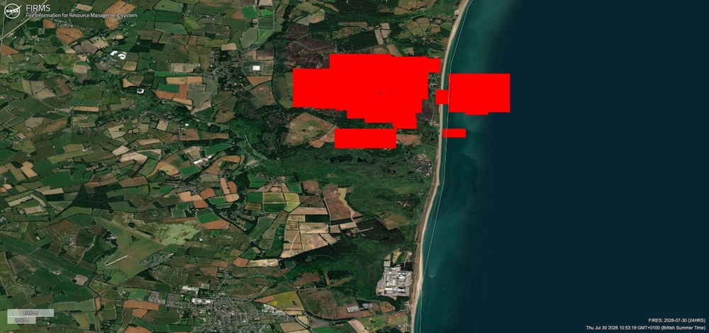 Satellite images show the extent of the fire on Dunwich Heath on Thursday (NASA Maps)