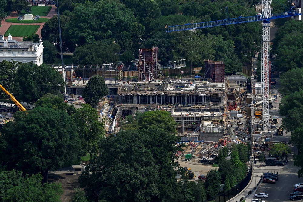 A July 2026 photo shows part of President Donald Trump’s ballroom addition for the White House starting to rise from the ground. The construction is ongoing despite a lawsuit that wants to stop the project (Reuters)