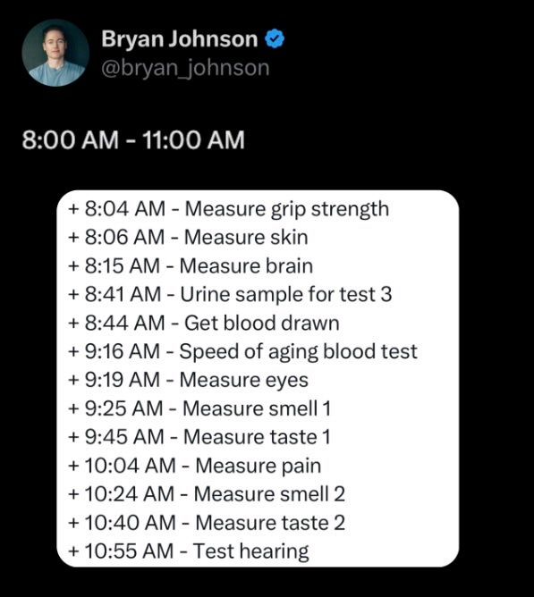 From 8 a.m. to 11 a.m. there are more measurements, including brain, pain and grip strength (@bryan_johnson/Instagram)