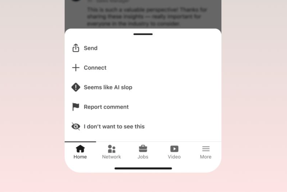 A photo of a test feature on LinkedIn posts that will allow users to flag content that 'seems like AI slop.' The feature is meant to help the site crack down on AI-generated posts (Hari Srinivasan/LinkedIn)