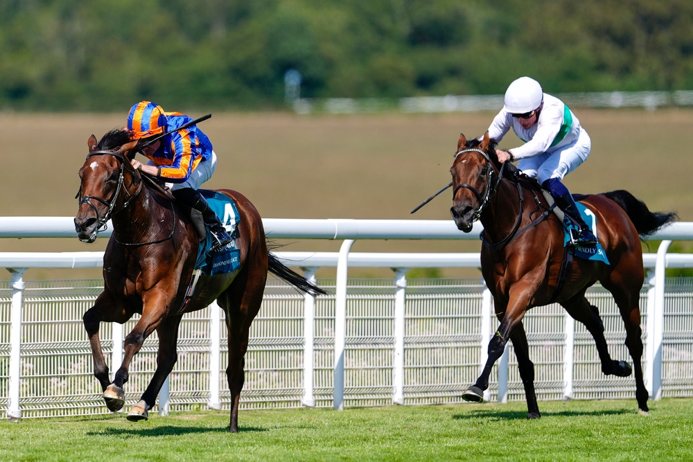 Diamond Necklace (left) wins the Qatar Nassau Stakes at Goodwood (Getty)