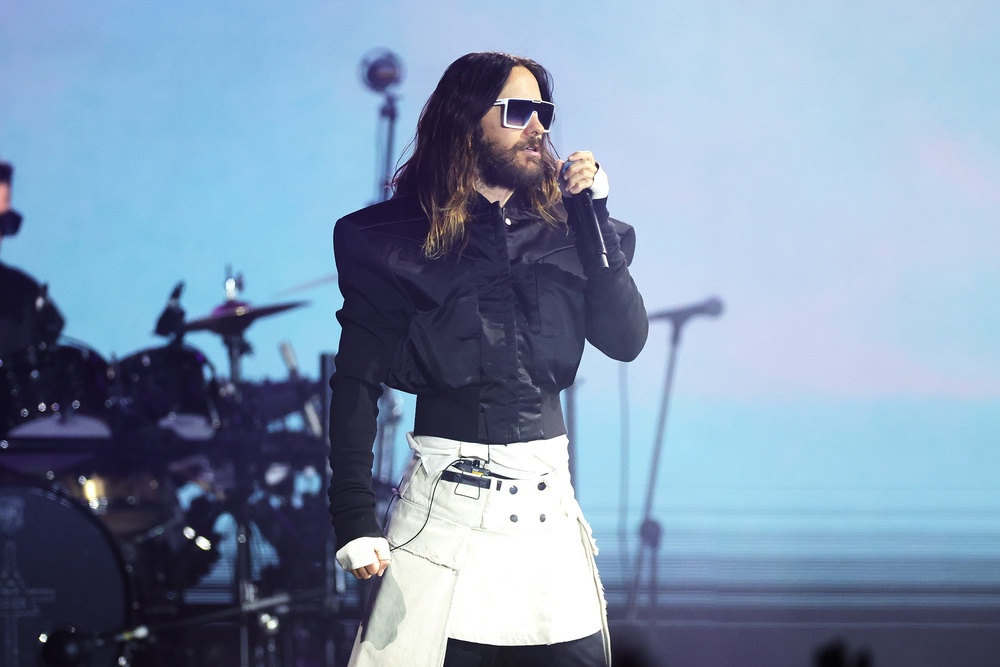 Leto onstage with his band 30 Seconds to Mars in Saudi Arabia in 2024 (Getty)