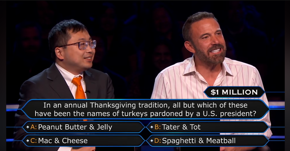 The final question asked which of four names – Peanut Butter & Jelly, Tater & Tot, Mac & Cheese, and Spaghetti & Meatball – had not been used for a turkey pardoned by a US president during the White House’s annual Thanksgiving tradition (YouTube/ABC)