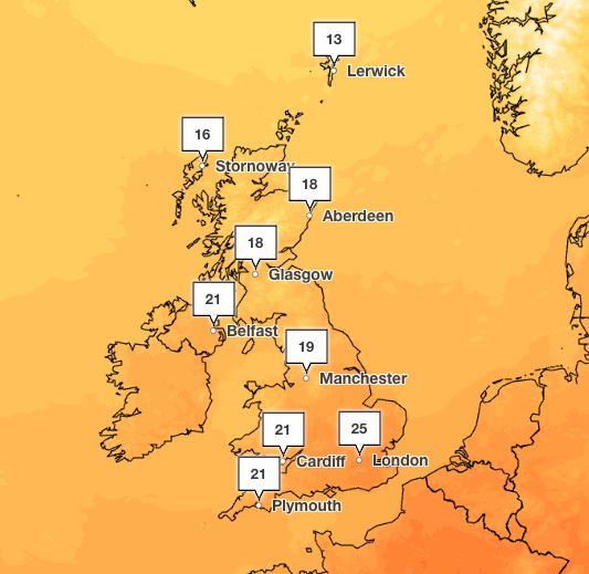 Highs of 25C are expected on Saturday while Scotland can expect a chillier start (Met Office)