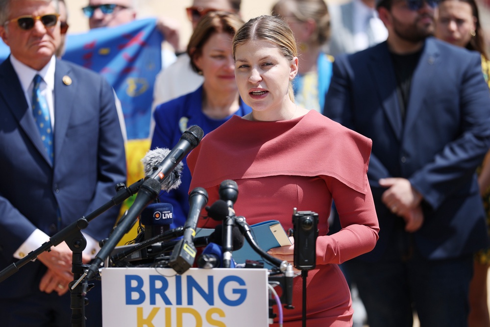 Ukrainian Ambassador to the United States Olha Stefanishyna speaks during a news conference in Washington, DC (Getty)