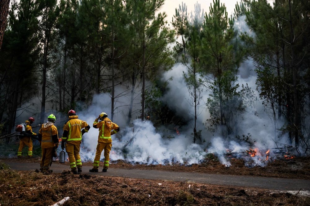 Firefighters carry out controlled burning operations in Le Porge, Gironde department (Reuters)