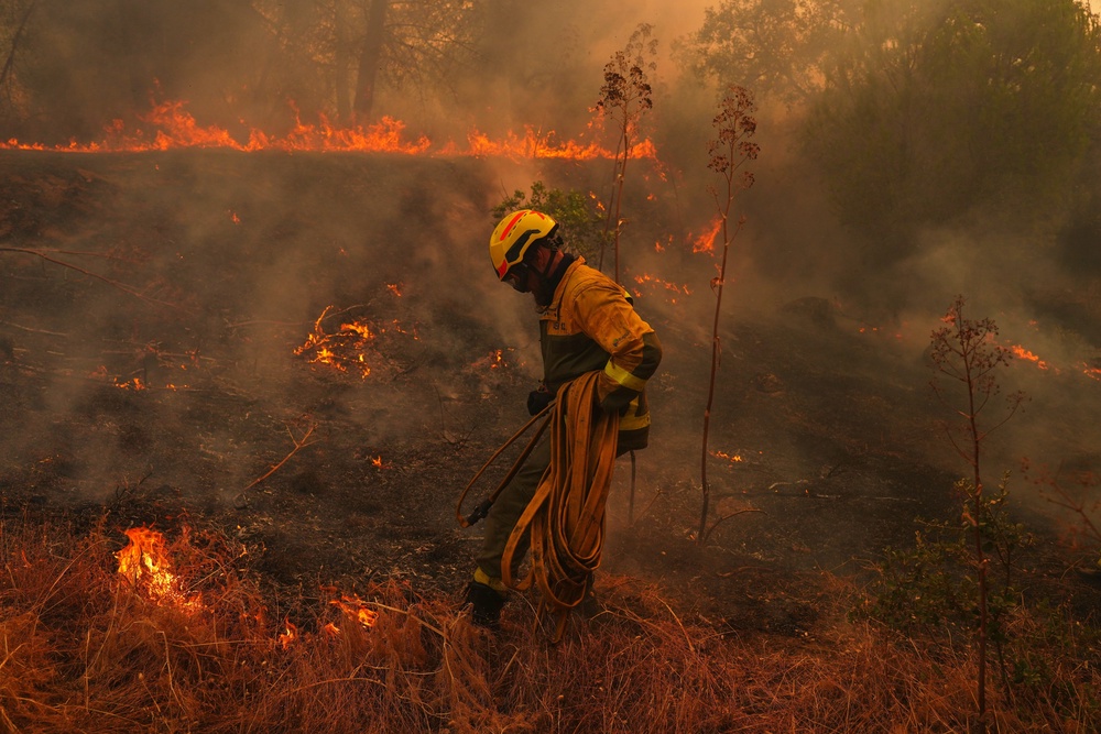 A firefighter carries a hose while battling a wildfire in San Martin de Valdeiglesias, west of Madrid, Spain (AP)