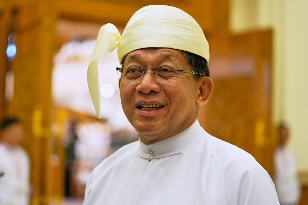 Myanmar President Min Aung Hlaing talks to journalists as he leaves after delivering speech at the Union Parliament in Naypyitaw, Myanmar, Friday, July 31, 2026 (Copyright 2026 The Associated Press. All rights reserved.)