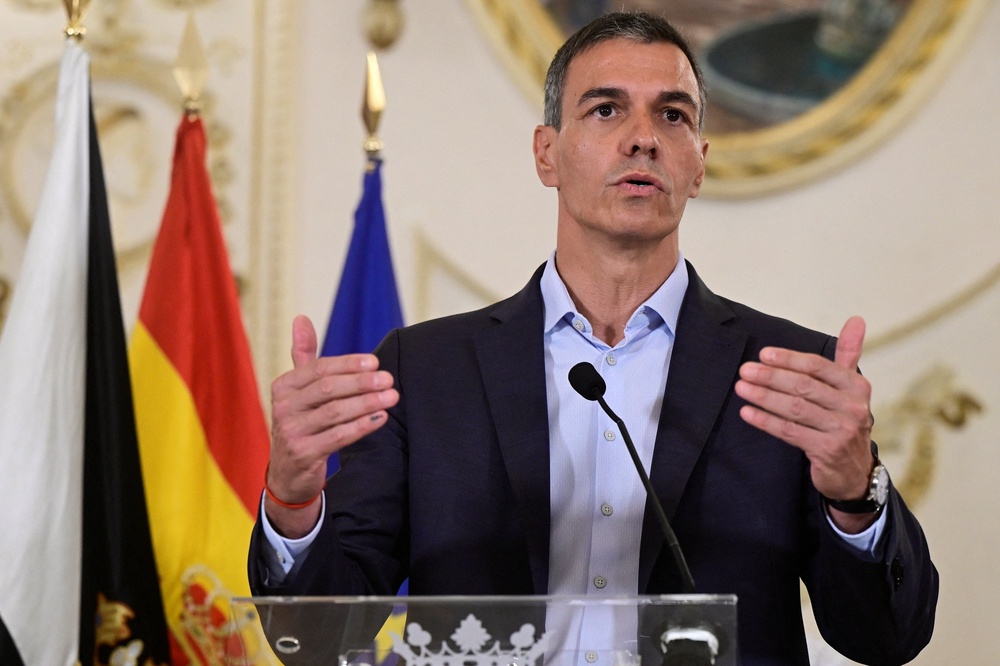 Spanish Prime Minister Pedro Sanchez speaks in Ceuta, Spain, amid mass crossings of migrants on foot and by sea from Morocco into Spanish territory (Reuters)