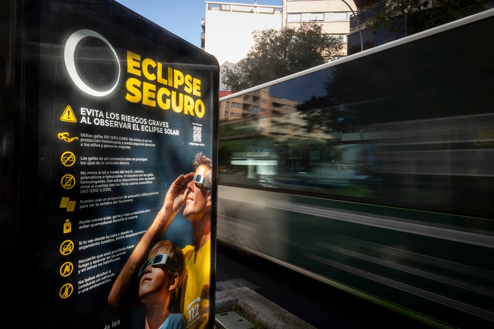An information panel displays measures on how to safely view an upcoming solar eclipse on a street in Palma de Mallorca on July 31, 2026 (AFP/Getty)