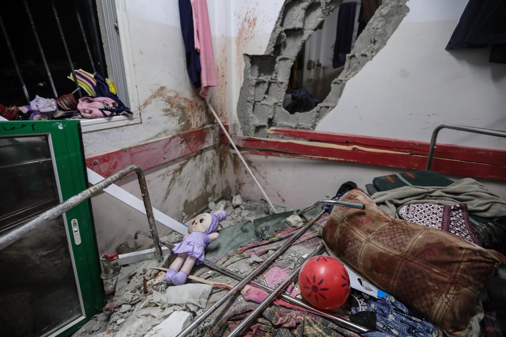 Damage caused by an artillery shell that hit the maternity hospital inside the Nasser Medical Complex in Gaza (Getty)