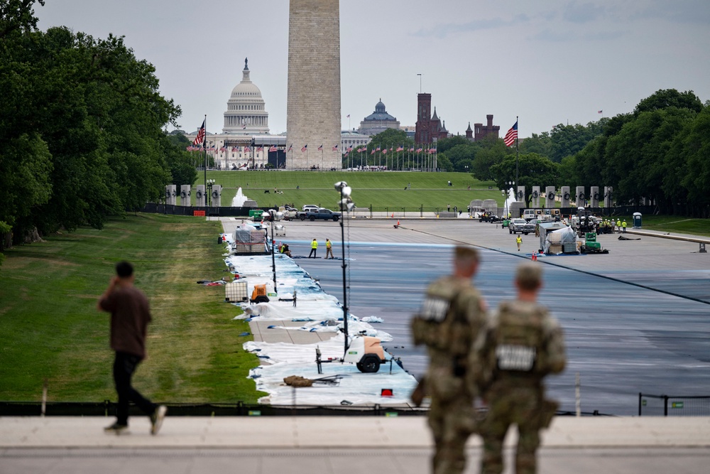 Trump continues to baselessly insist that vandals were responsible for cutting the recently applied lining of the Reflecting Pool despite his own administration appearing to admit that there is no evidence to support his claims (AFP/Getty)
