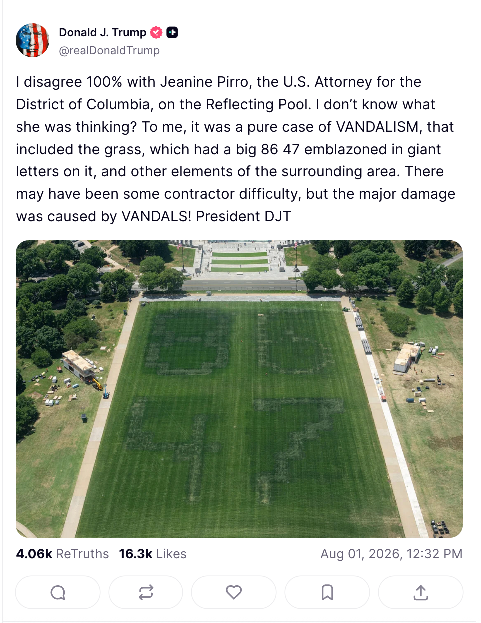 Trump broke from US Attorney Jeanine Pirro's decision to dismiss a felony indictment against a former Olympian, claiming the damage to the Reflecting Pool and surrounding area was the act of vandals and not related to poor installation (realDonaldTrump / Truth Social)