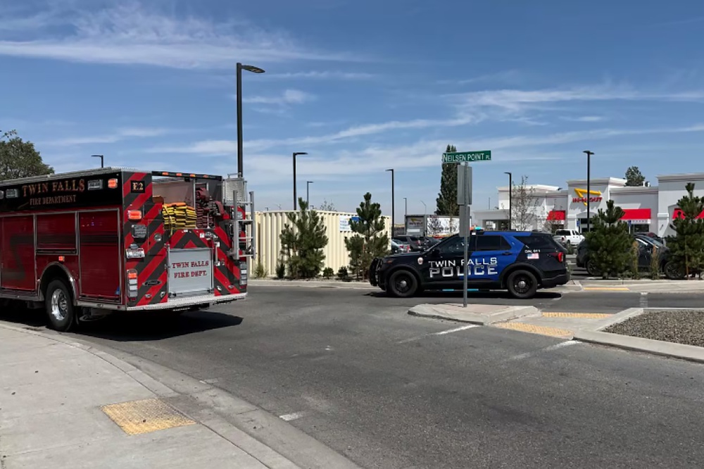 This image provided by KMVT shows the scene of a shooting that started at an In-N-Out Burger restaurant, Saturday, Aug. 1, 2026 in Twin Falls, Idaho. (KMVT via AP) (AP)