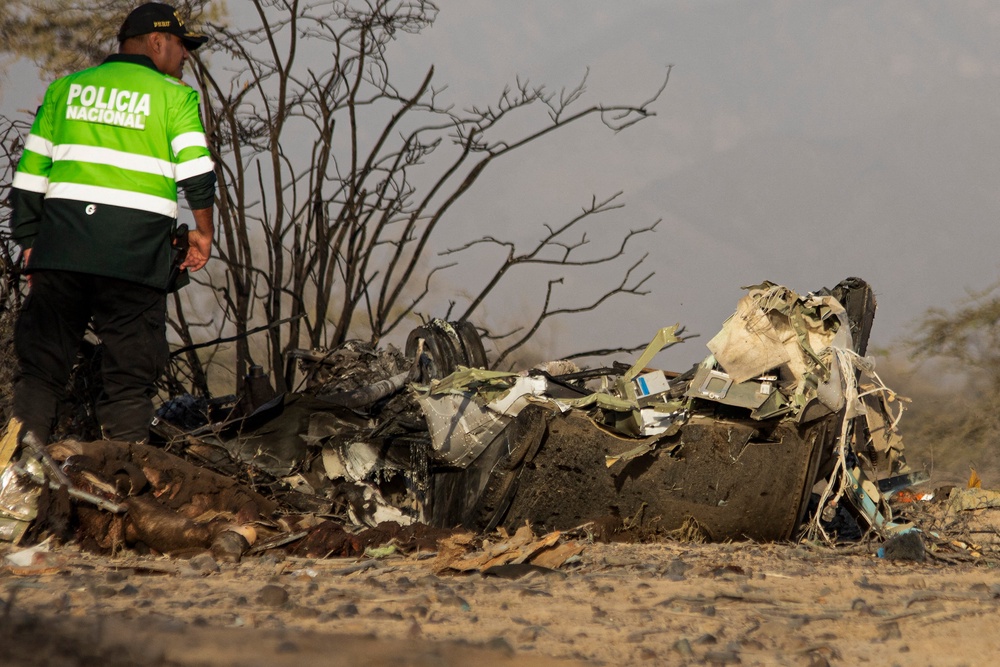 A police officer stands alongside the wreckage of the small plane involved in a fatal accident that claimed the lives of its 13 occupants in the Vista Alegre district, Nazca (AFP/Getty)