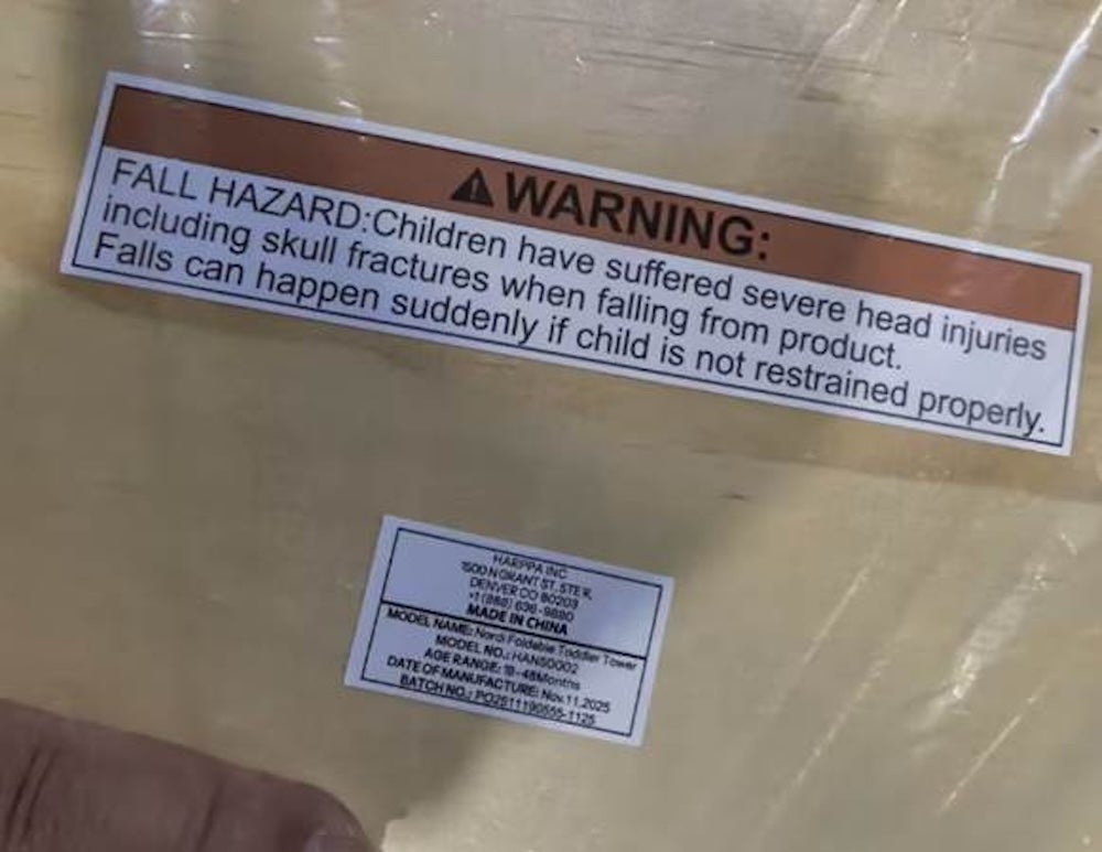 A label on the HARPPA Nordi Foldable Toddler Towers warns: “Children have suffered severe head injuries including skull fractures when falling from product.” (CPSC)