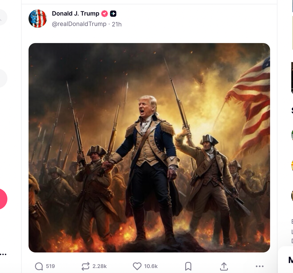 The bizarre image is the latest in a slew of posts by Trump and follows a weekend where he compared himself to Elvis Presley and depicted himself as a dynamic leader of Revolutionary War troops (Donald Trump / Truth Social)