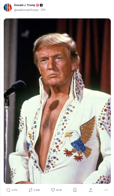 President Donald Trump posted an AI-generated image that made him appear as Elvis Presley over the weekend. (realDonaldTrump / Truth Social)