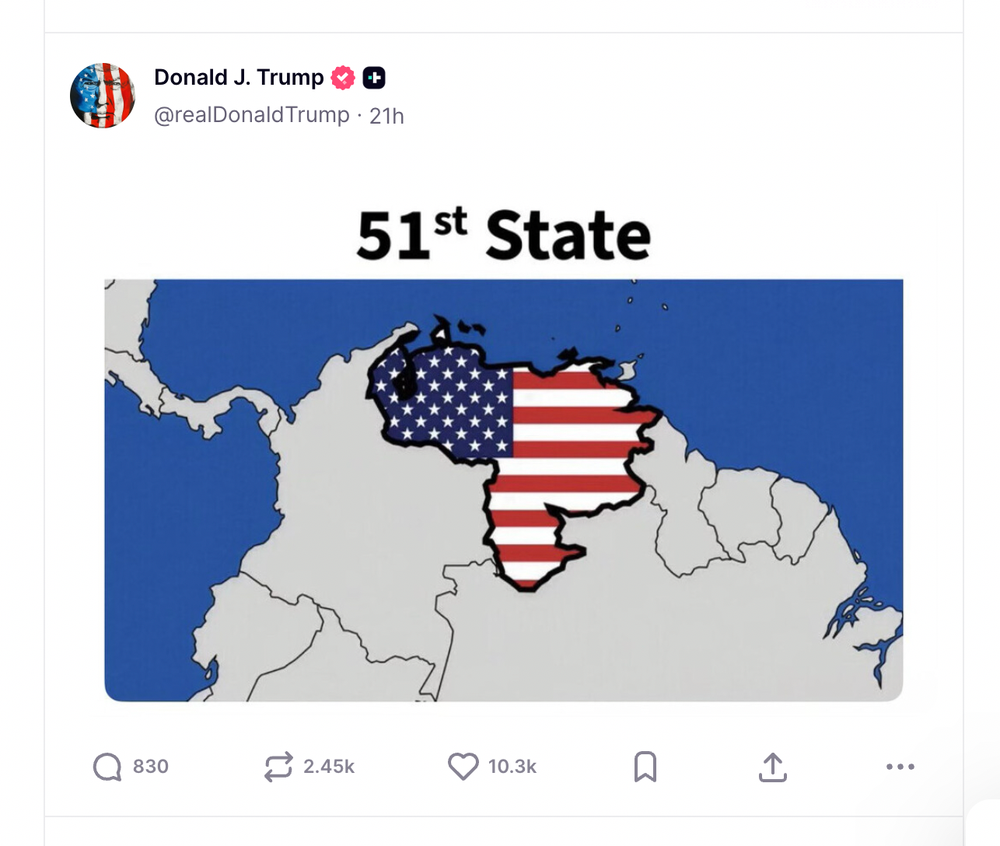 Venezuela is portrayed as the 51st state of the U.S.A. (Donald Trump / Truth Social)