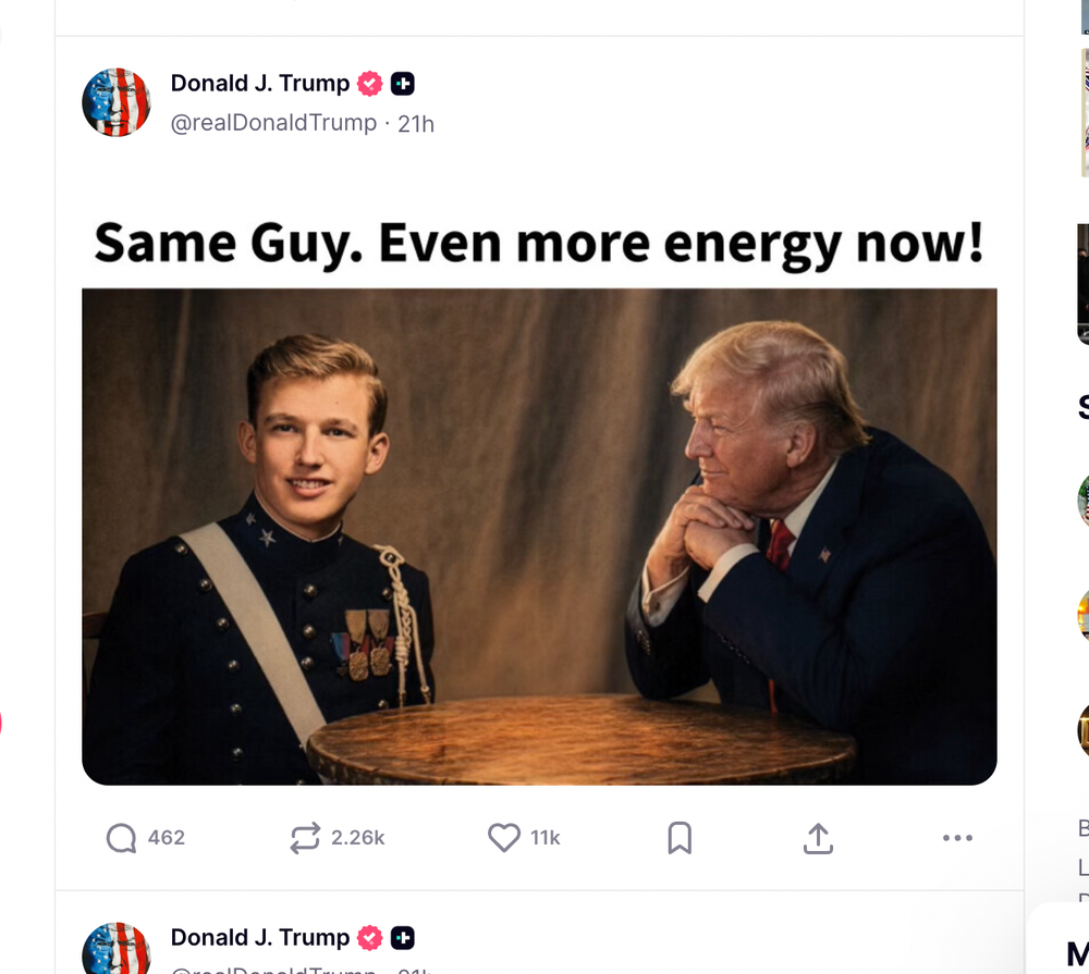 Among Trump’s flood of weekend posts was one showing him gazing at a younger version of himself under the caption ‘Same Guy. Even more energy now!’ (Donald Trump / Truth Social)