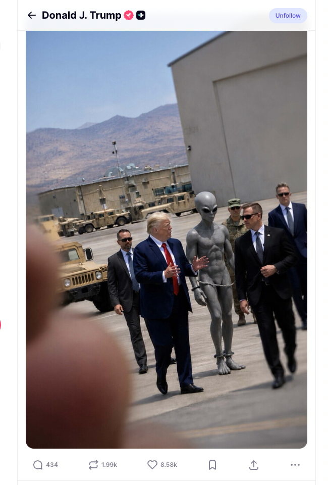 President Donald Trump shared a picture appearing to show himself assisting in the arrest of an alien (Donald Trump / Truth Social)