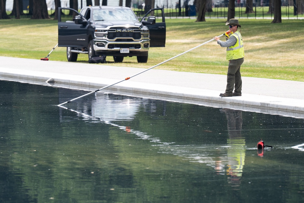 Green algae quickly re-bloomed on the surface of the Lincoln Memorial Reflecting Pool after a company installed a liner and repainted the bottom (AFP/Getty)