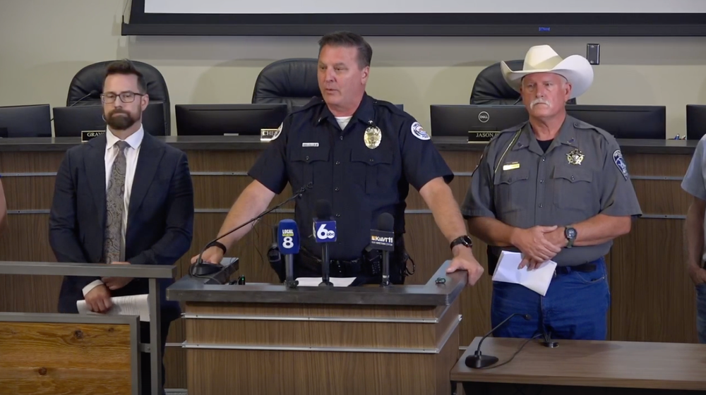 Police Chief Matthew Hicks (center) said during a press conference on Sunday that the shooter was identified as 24-year-old Chad Williams, who died of a self-inflicted gunshot wound (City of Twin Falls)