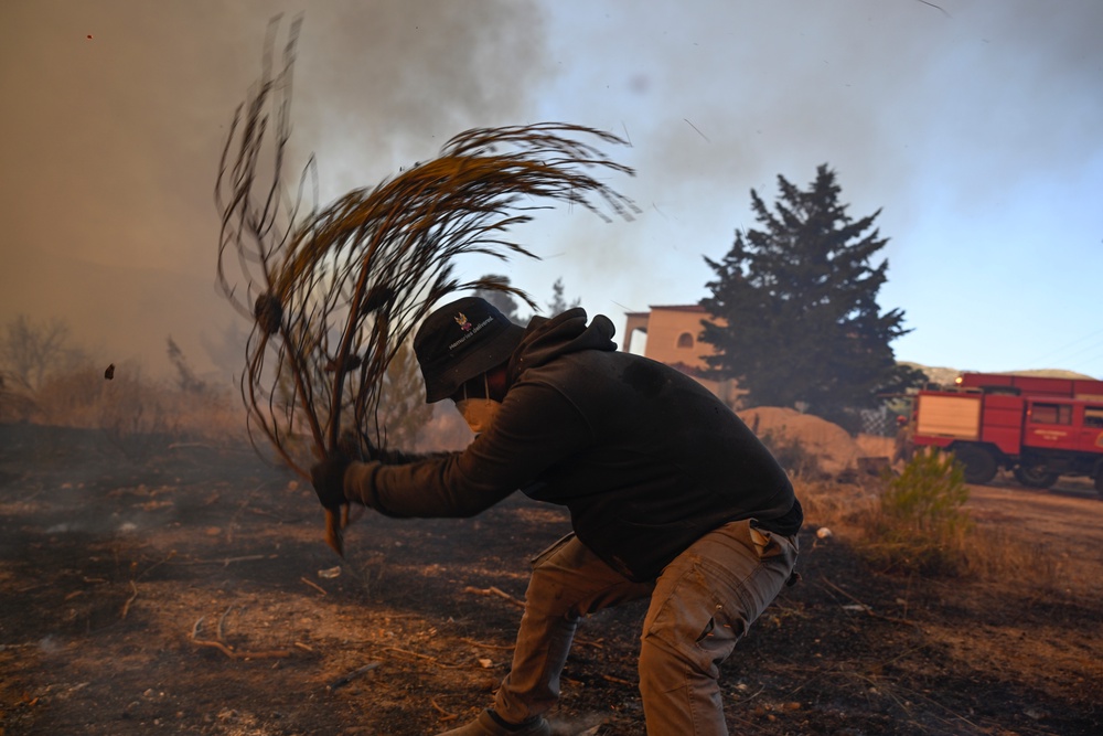 A volunteer tries to extinguish small flames with branches (AP)