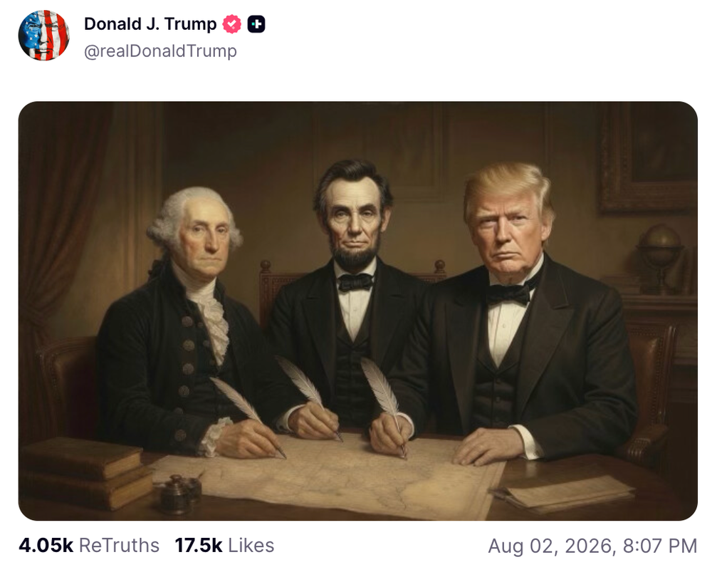 The president regularly uses Truth Social to post memes showing himself with various historical figures (@realDonaldTrump/Truth Social)