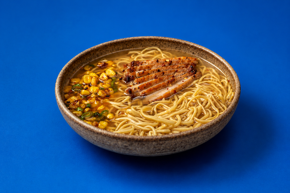 A quick pork ramen made richer with charred sweetcorn, soy and sesame (Miguel Barclay/Lidl)