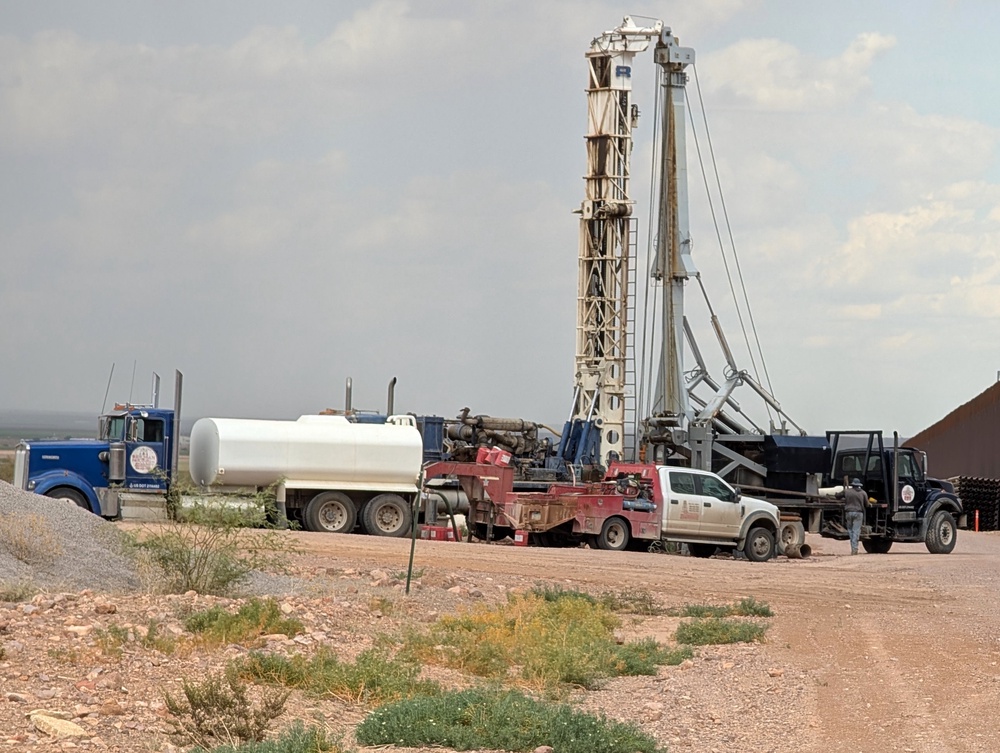 Construction crews drill wells for border wall construction in July 2026, in Luna County, N.M., along the US-Mexico border