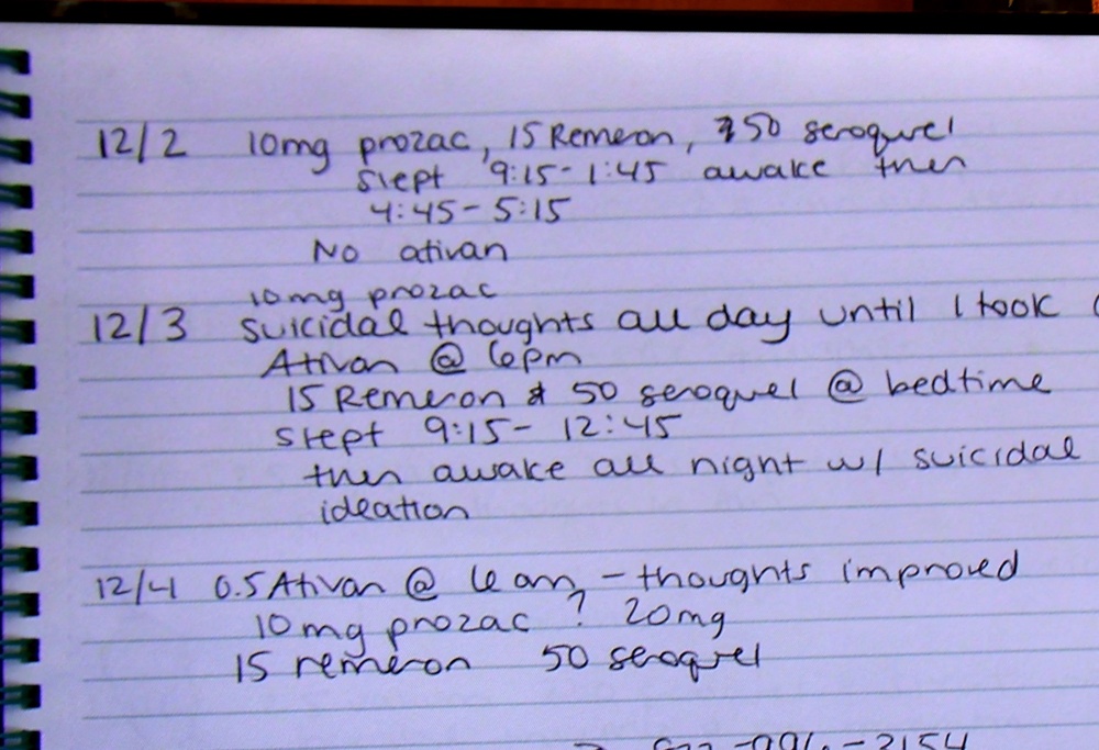 A page from a notebook kept by Lindsay Clancy in which she documents her medications and feelings is shown during her murder trial at Plymouth Superior Court (Reuters)