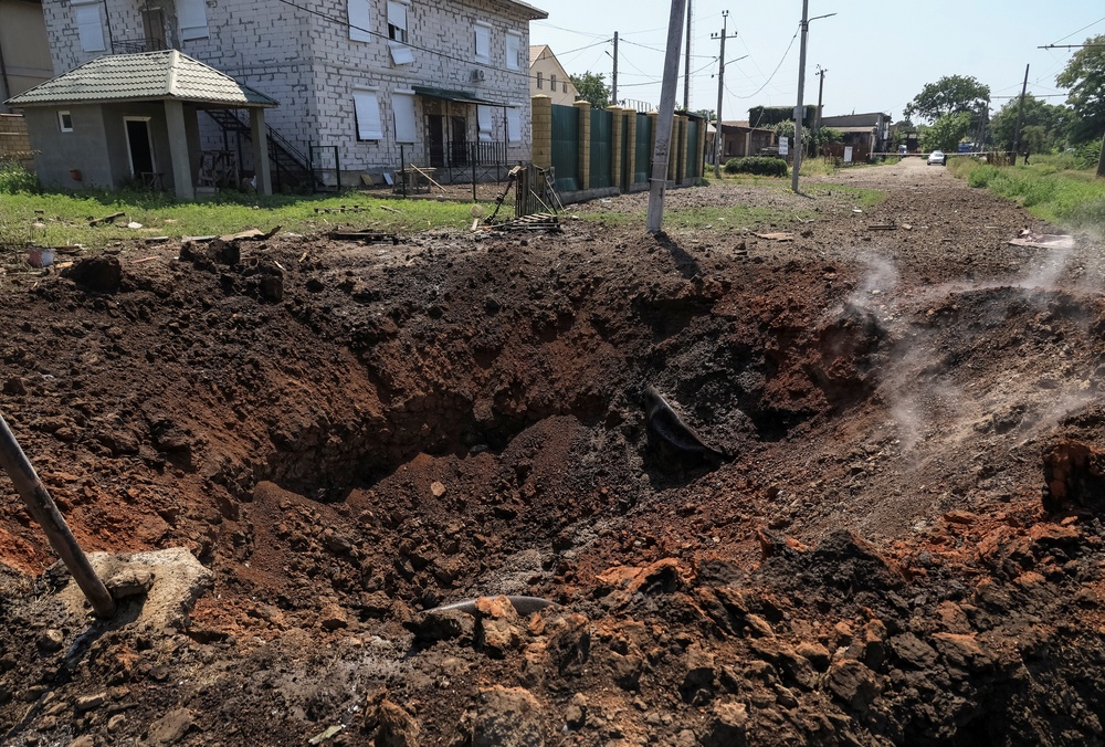A crater at a site of a Russian missile strike in Odesa on Tuesday (Reuters)