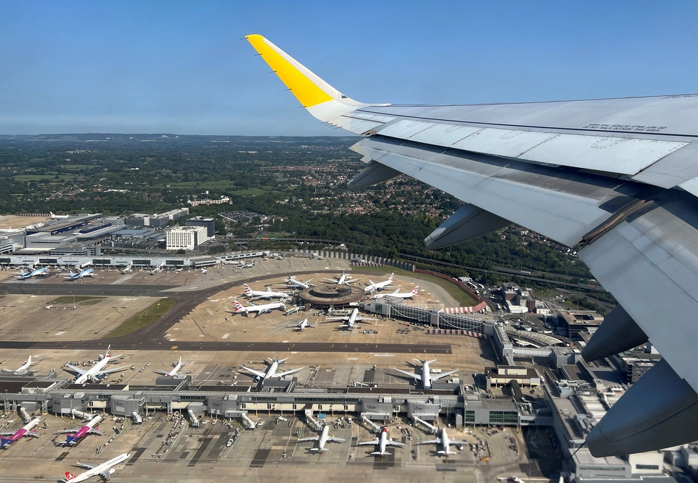 An aerial view of London Gatwick Airport, viewed from a Vueling passenger plane, near Crawley, Britain, August 15, 2025 (Reuters)