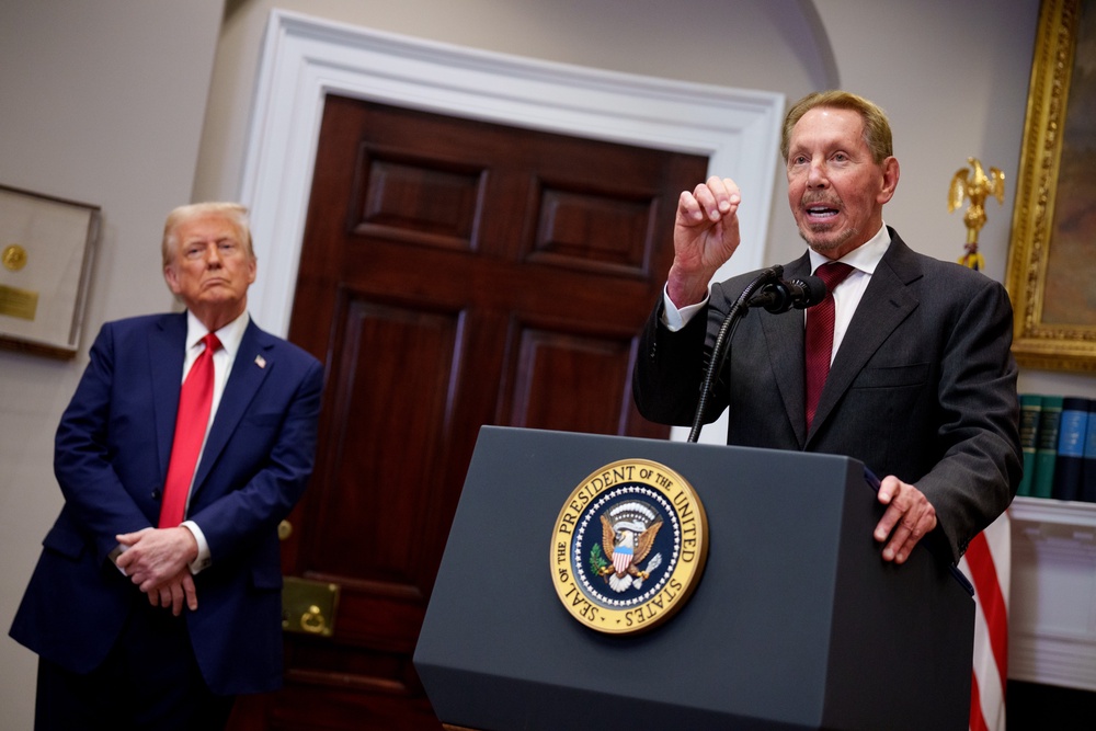 David Ellison is the son of billionaire Larry Ellison (pictured with Trump in January 2025), the founder of software company Oracle (Getty Images)