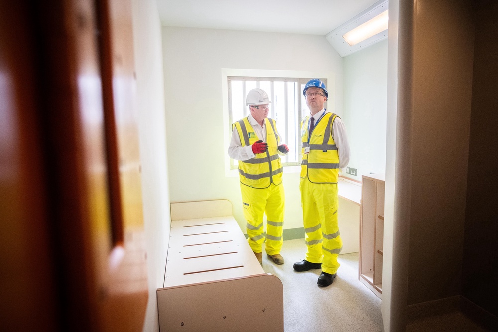 Justice Secretary Alex Norris (right) during a tour of a cell in the site for HMP Welland Oaks (James Manning/PA) (PA Wire)