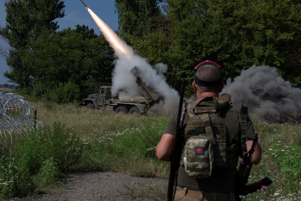 Servicemen of the 93rd Kholodnyi Yar Separate Mechanized Brigade of the Ukrainian Armed Forces fire a BM-21 Grad multiple launch rocket system towards Russian troops, amid Russia's attack on Ukraine, near the frontline city of Kramatorsk, Ukraine August 4, 2026 (Ukrainian Armed Forces)