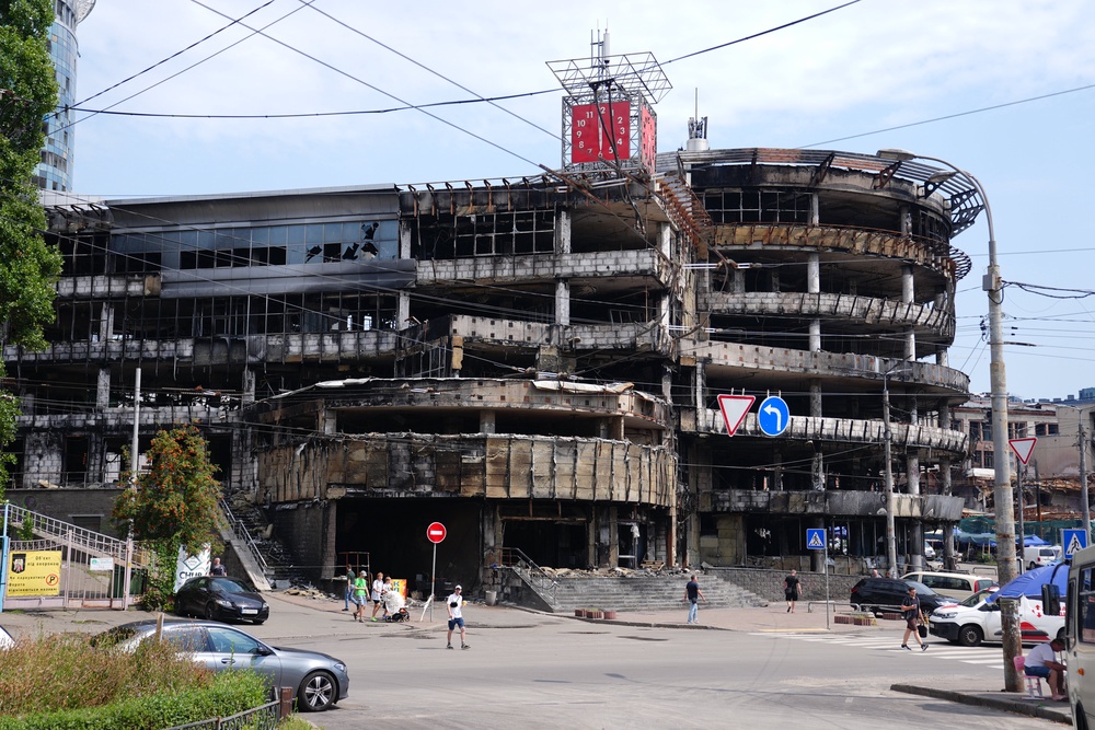A general view of a shopping centre damaged by Russian strikes in the Lukianivska district of Kyiv (PA)