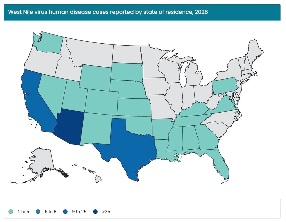 This map shows were cases of West Nile virus are the highest in the U.S. right now. The states with the most cases are shown in dark blue and the fewest are in turquoise. States with no cases are shown in grey (CDC)