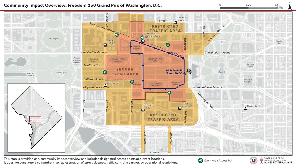 The National Gallery, which is listed on the National Register of Historic Places, sits in the middle of the 1.7-mile-long racecourse, a map released by Washington, D.C. Mayor Muriel Bowser’s office showed (Executive Office of the Mayor)